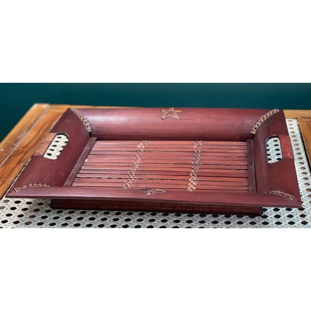 Wood Serving Tray Leather Laced Southwest Western Farmhouse 13.5